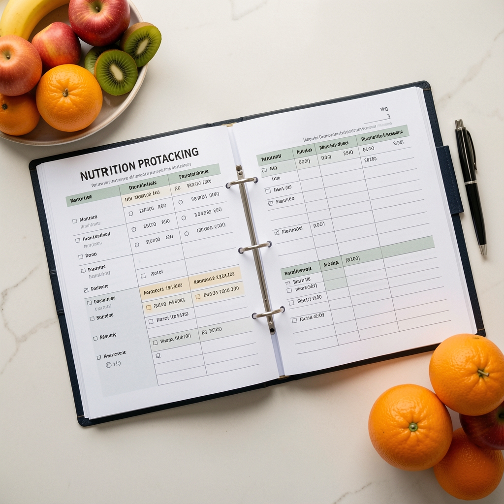 Overhead view of a nutrition protocol binder open to macro tracking charts with a pen and fresh fruit beside it on a light surface