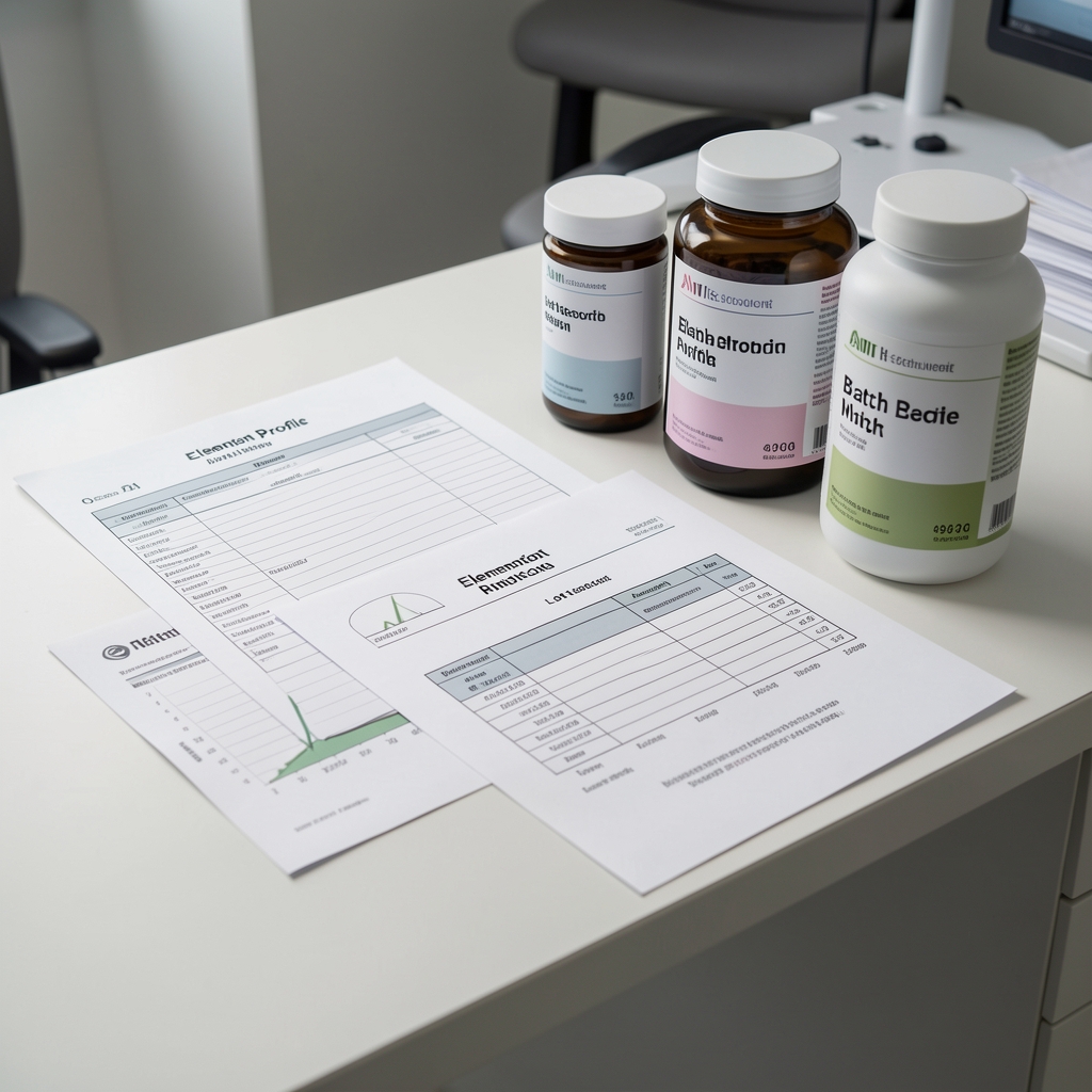 Nutrition workstation with printed lot record documents, elemental profile analysis sheets, and batch-coded supplement containers arranged on a clean desk under studio lighting