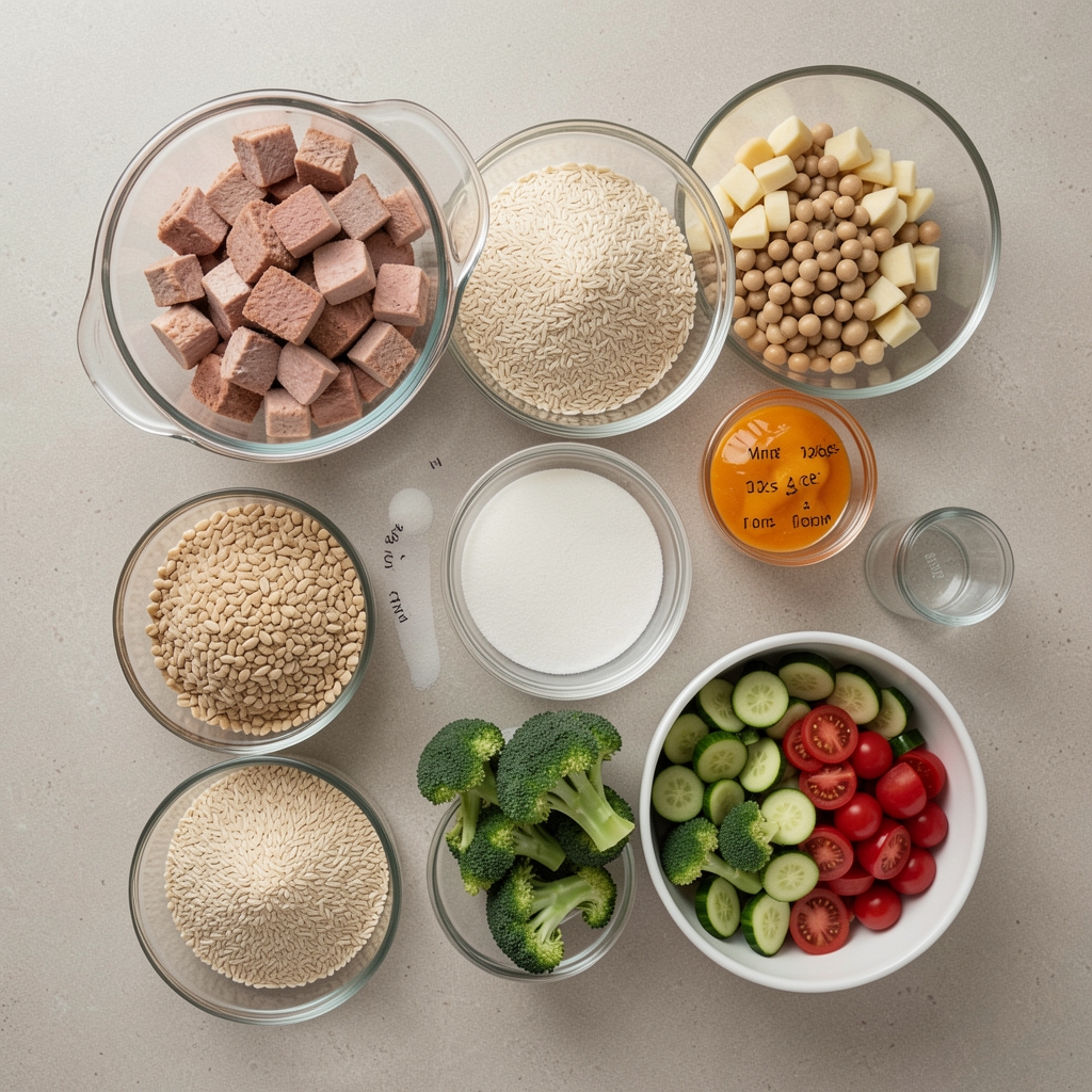 Aerial layout of a structured meal prep session showing weighed protein portions, measured grains, and micronutrient-dense vegetables on a neutral kitchen surface
