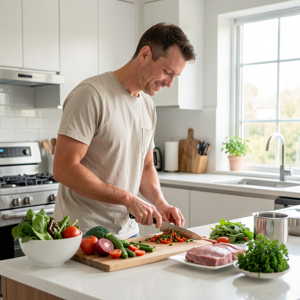 Man in his 30s preparing a nutritious meal in a well-lit modern kitchen with fresh vegetables and lean proteins on the counter