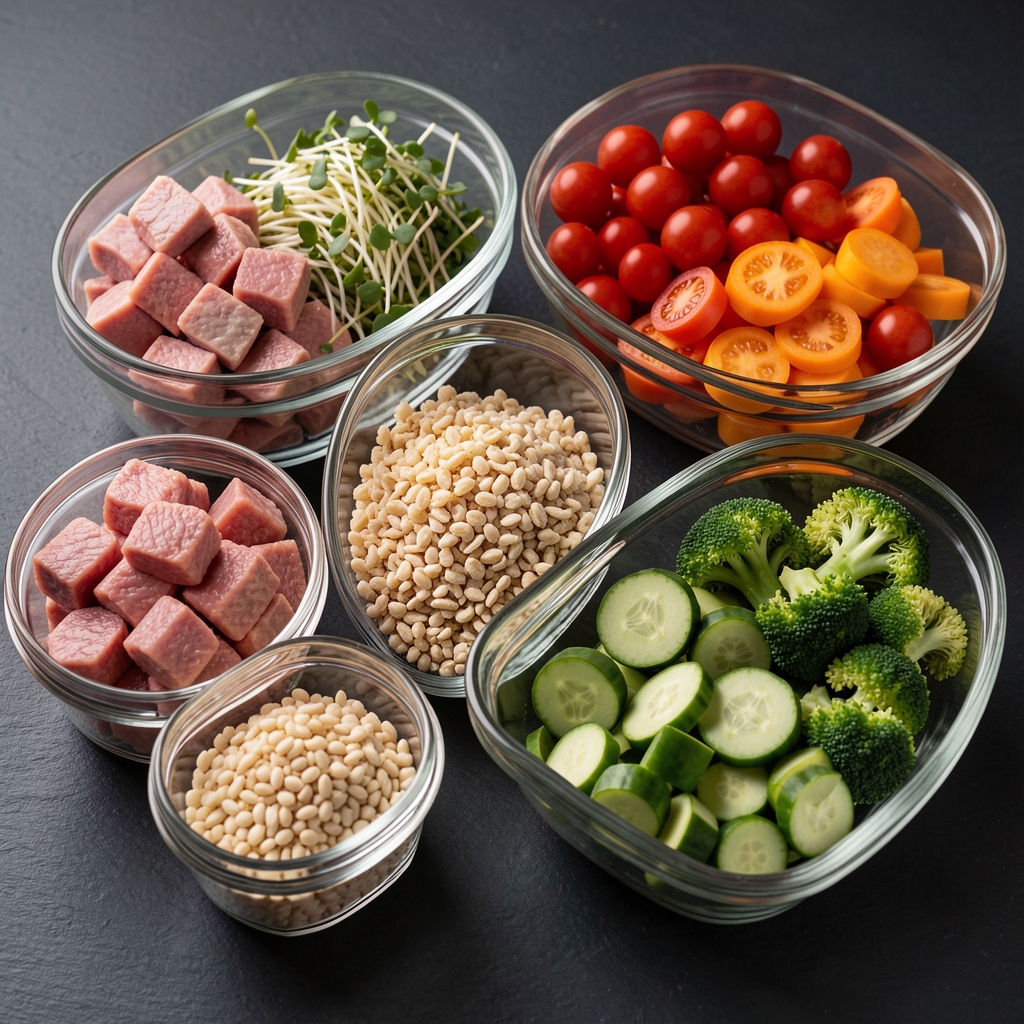 Close-up of a structured weekly meal prep layout with portioned proteins, complex carbohydrates, and micronutrient-rich vegetables on a dark surface
