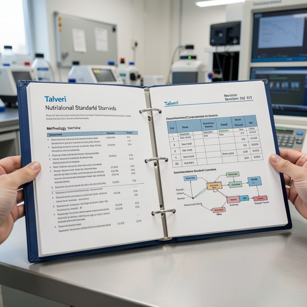 Talveri nutritional standards binder open to the methodology overview page with a revision code stamp, elemental composition table, and sourcing chain diagram visible in a quality-control environment