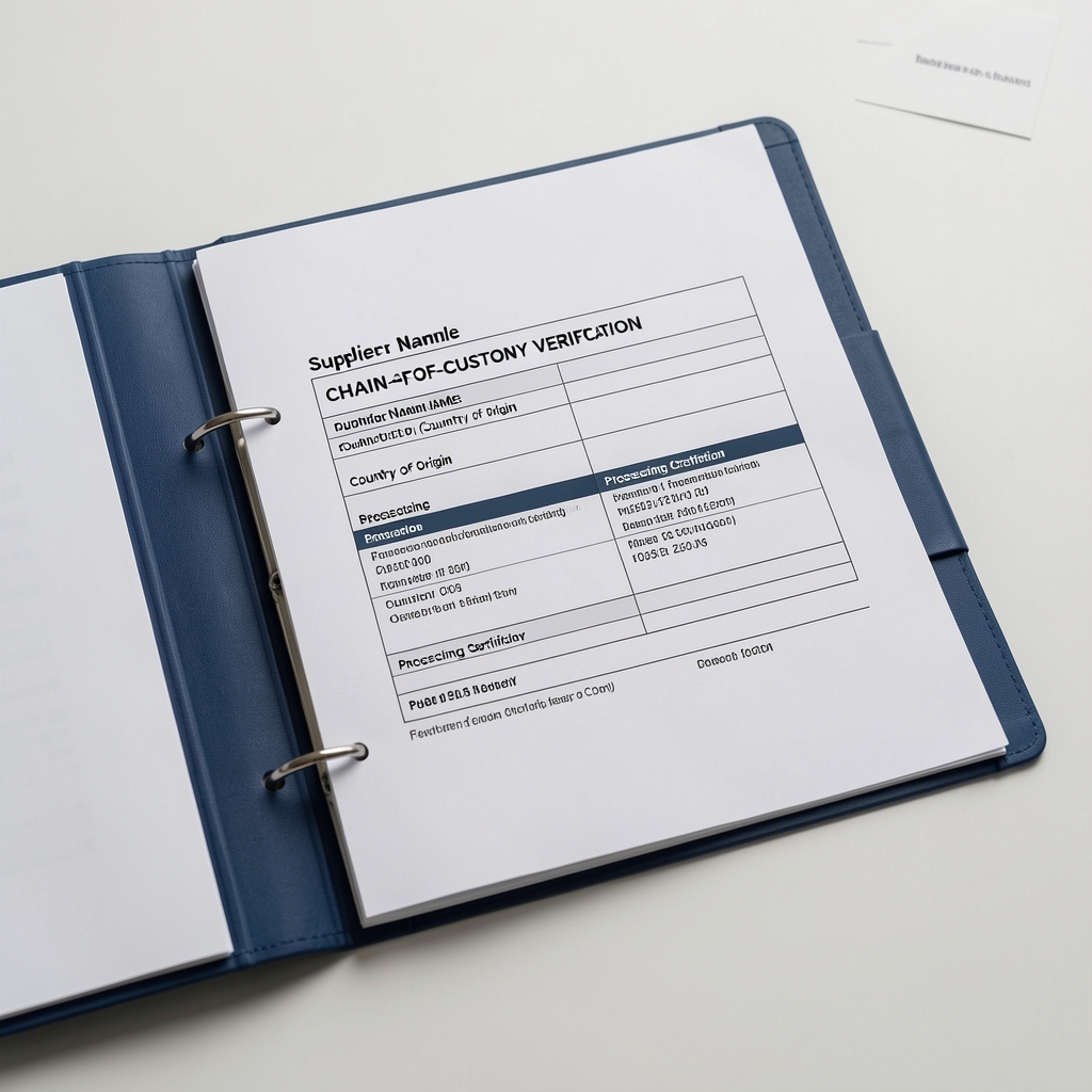 Supplier documentation folder open to a chain-of-custody verification page with supplier name, country of origin, and processing certification details on a clean work surface