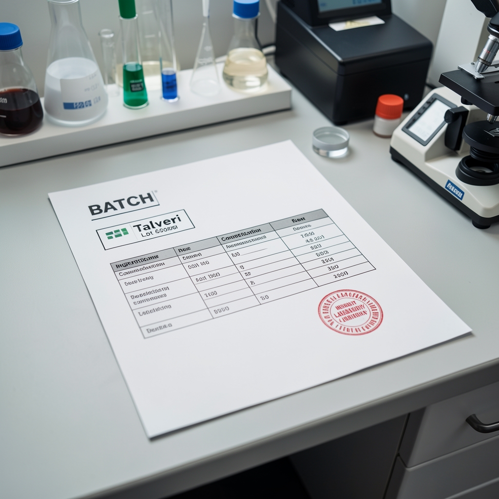 Batch certificate of composition document with Talveri lot code label, ingredient concentration table, and independent laboratory verification stamp on a quality-control bench