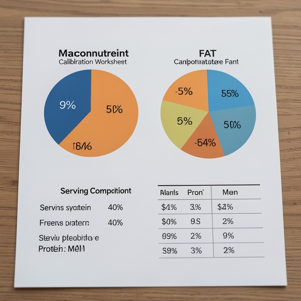 Macronutrient calibration worksheet with percentage pie charts for protein fat and carbohydrate ratios alongside serving composition calculations for a men's nutrition protocol on a clipboard
