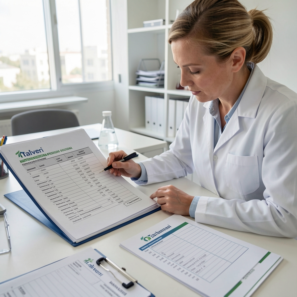 Independent auditor reviewing a Talveri nutritional protocol binder against laboratory batch records on a desk, cross-referencing lot codes with a checklist document in a clean office environment
