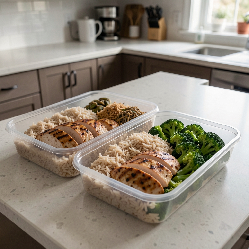Meal prep containers arranged with precisely portioned grilled chicken breast, brown rice, and steamed broccoli for muscle building diet planning on a kitchen counter