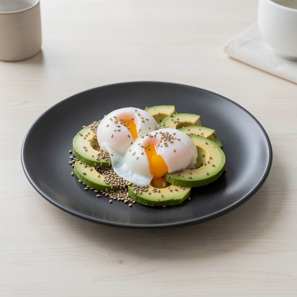 A clean table setting with a single structured meal — poached eggs, avocado, and seeds arranged on a dark plate, representing a time-restricted feeding window for intermittent fasting men