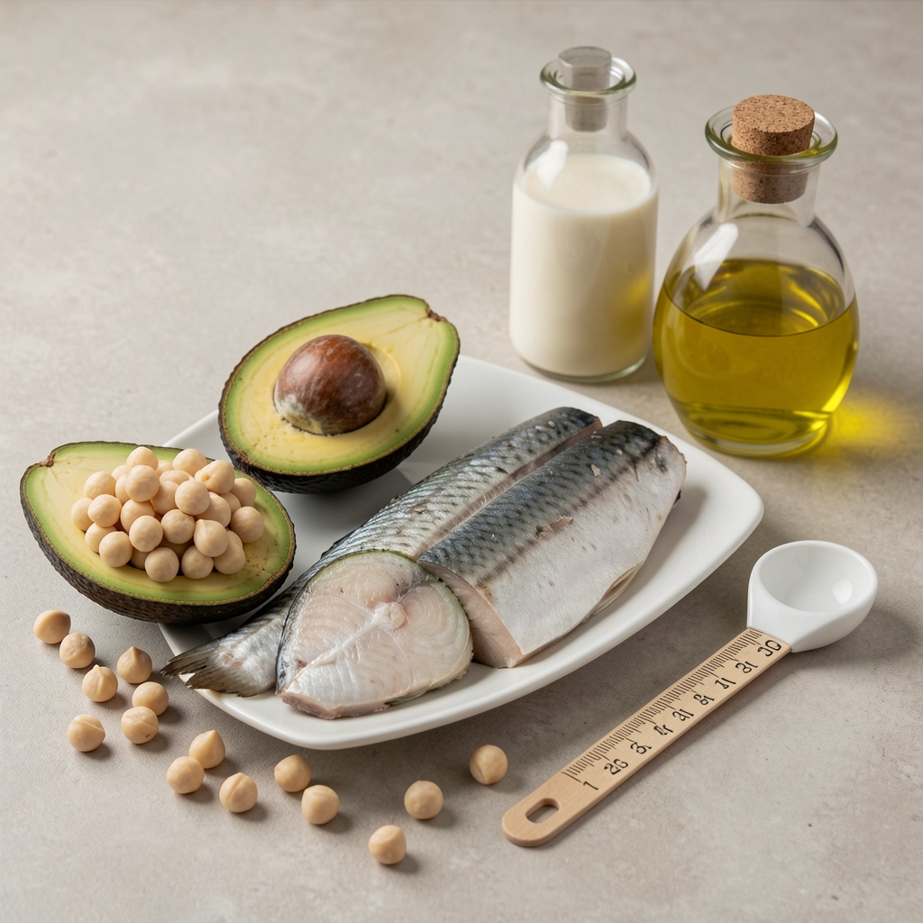 Keto diet meal composition with macadamia nuts, avocado halves, fatty fish, and olive oil arranged for documentation on a neutral kitchen surface with measurement tools