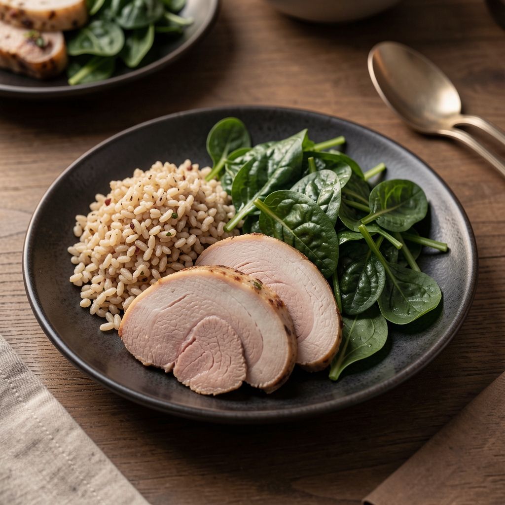 Evening meal composition for sleep improvement diet with tryptophan-rich turkey slices, complex carbohydrate grains, and magnesium-dense leafy greens plated on a dark ceramic dish