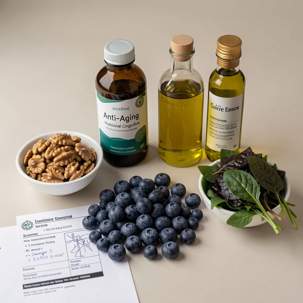 Anti-aging nutritional composition with omega-3 rich walnuts, blueberries, dark leafy greens, olive oil, and CoQ10-supporting foods displayed with sourcing documentation on a neutral surface